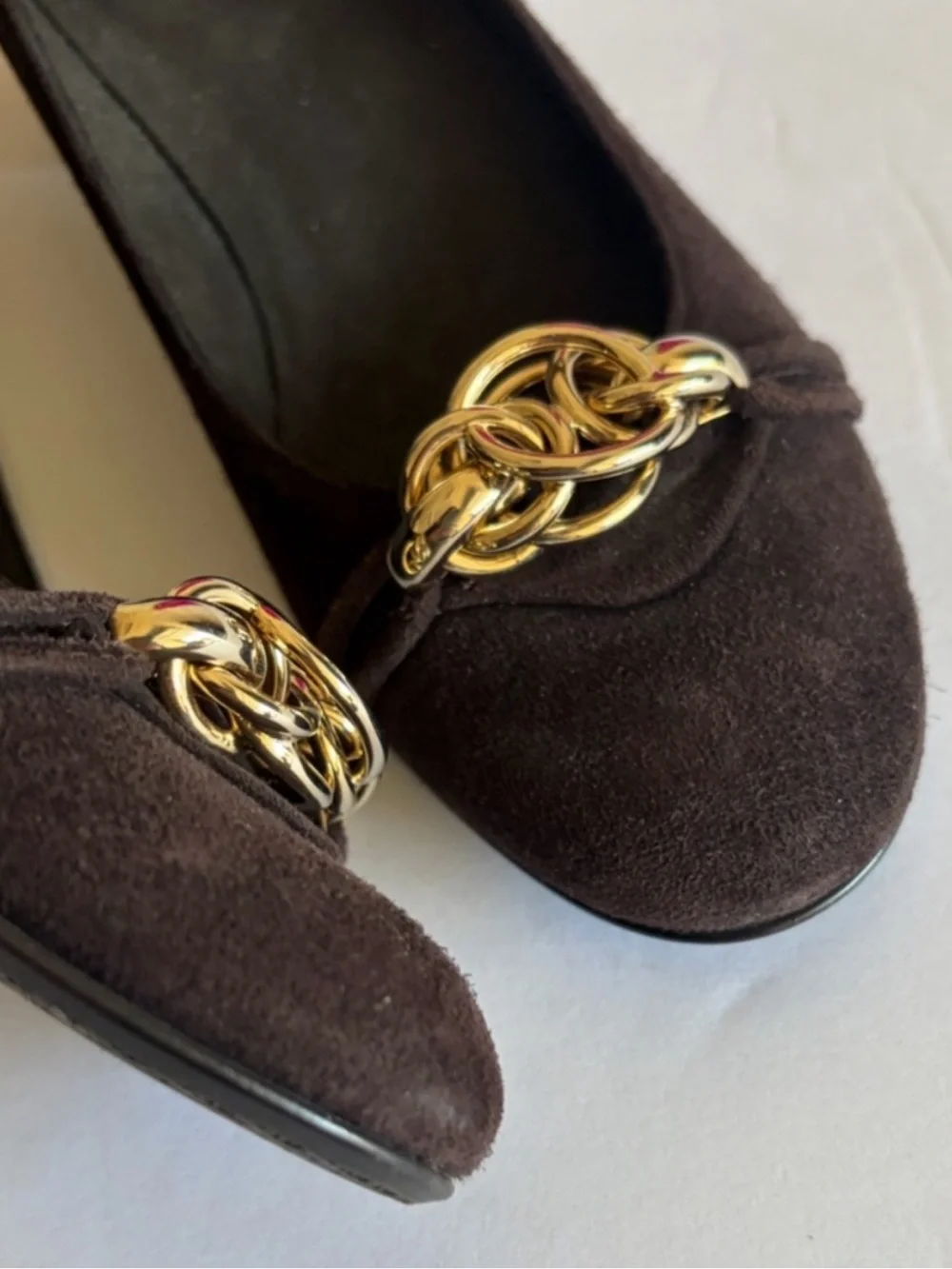 Stuart Weitzman Vintage Brown Suede Gold Block Heel Loafers